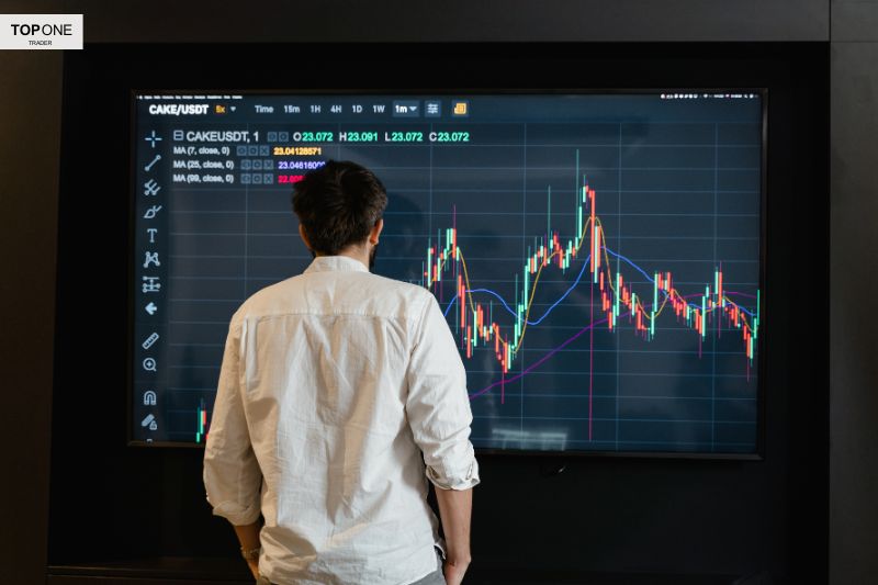 Trader analyzing market charts on a large screen, learning strategies on how to become a successful trader with data insights.
