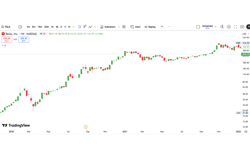Bull Market vs Bear Market chart showing Tesla stock growth trend from 2020 to 2022