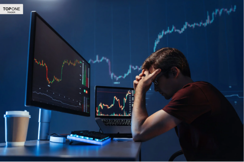 Trader stressed at desk, analysing charts during volatile bull market vs bear market conditions.