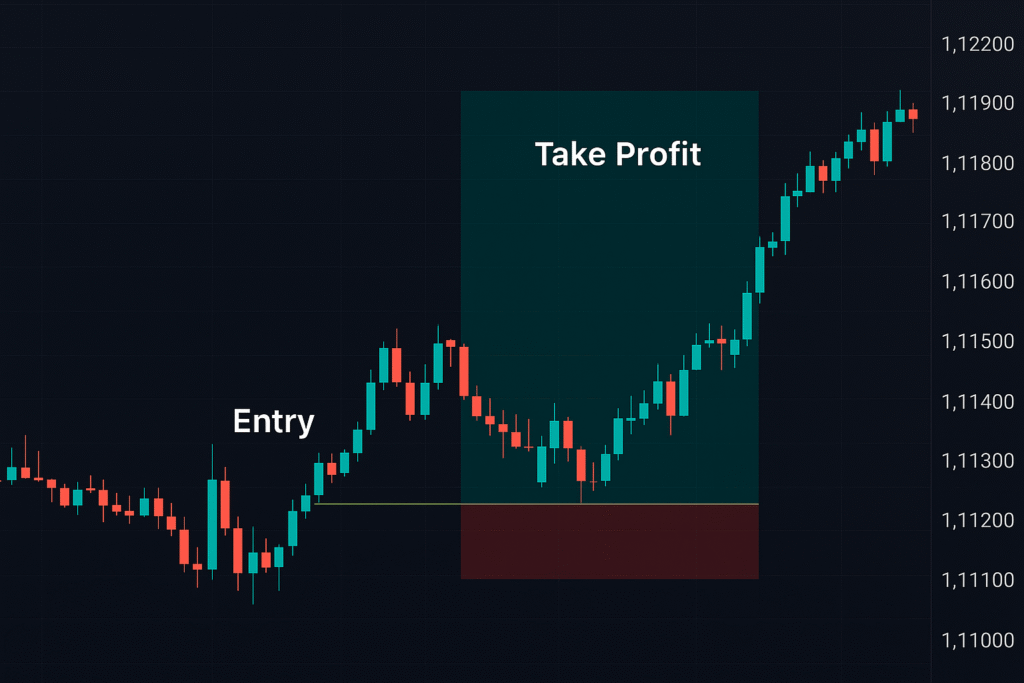 Chart showing price movement with marked entry and TP zone explaining what does TP mean in trading