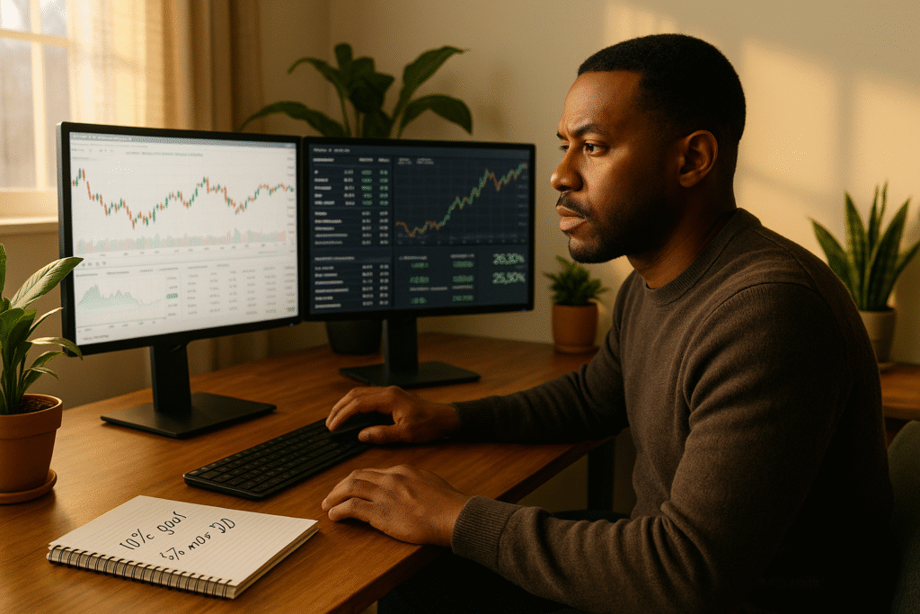Trader analysing charts and profits on dual screens, exploring what is PnL in trading.