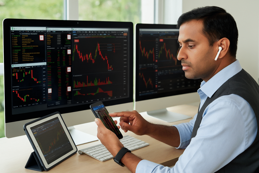 Man analysing charts on multiple screens, illustrating how much prop firm traders make daily.