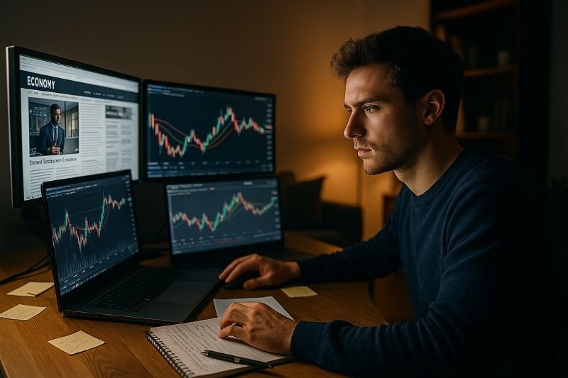 Trader analysing multiple charts and market news at desk, highlighting prop trading vs hedge fund decisions