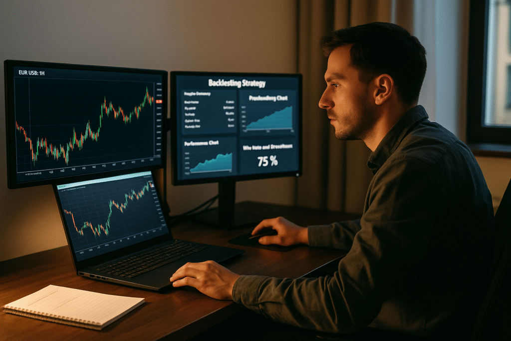 Trader analysing EUR/USD charts and backtesting, applying forex trading tips