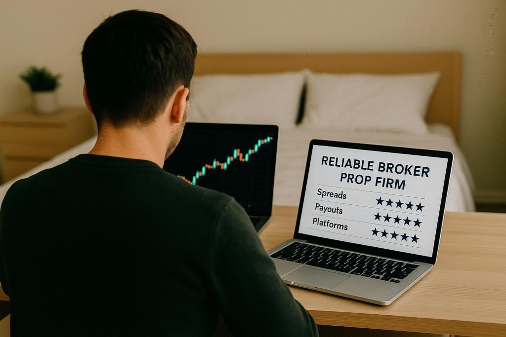 Trader comparing broker ratings and charts, applying forex trading tips.