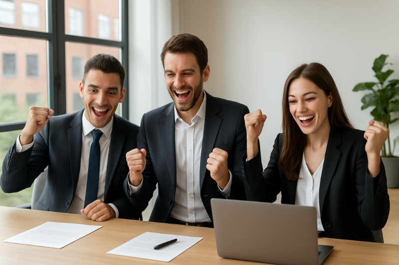 team celebrates profitable trade results on laptop