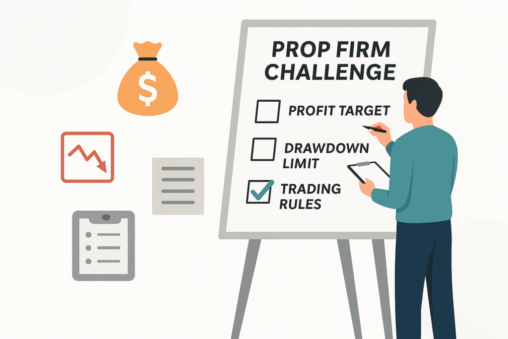 How to pass prop firm challenge checklist: profit target, drawdown limit, trading rules.