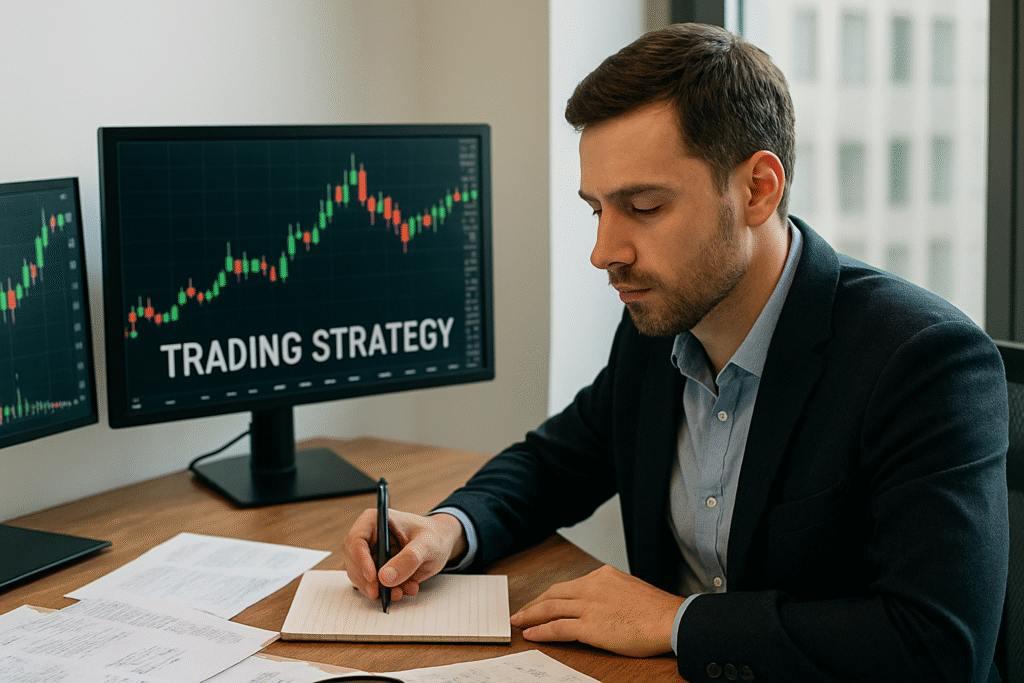 How to pass prop firm challenge: trader planning strategy beside candlestick charts.