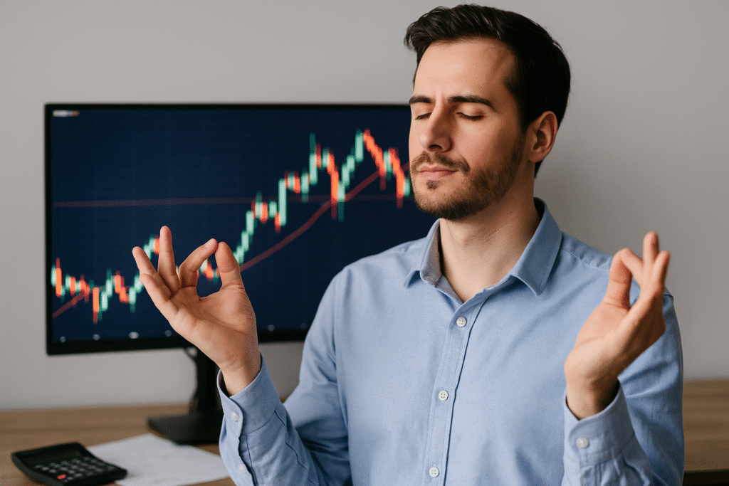 How to pass prop firm challenge: trader practising mindfulness before trading charts