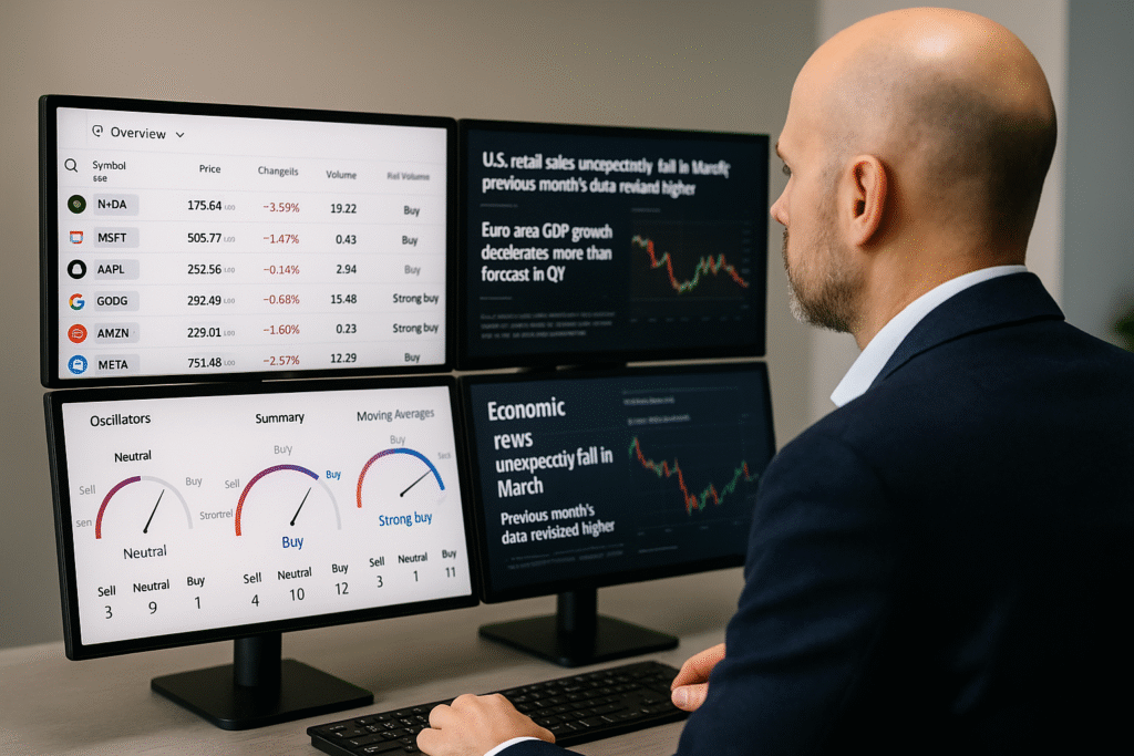 Trader analysing multi-screen charts and news, reflecting strategies of richest forex traders.