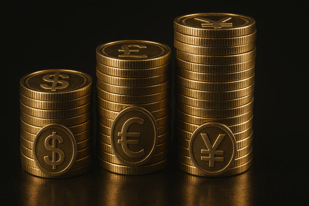 Gold currency stacks symbolising profits of the richest forex traders in 2025.