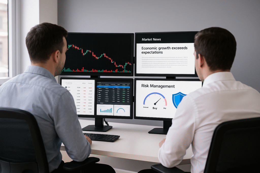 Two traders monitoring multi-screen charts and risk dashboards like the richest forex traders.