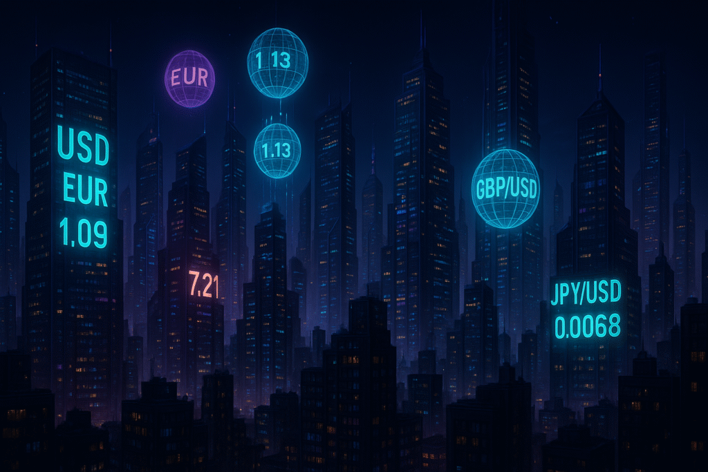 Futuristic skyline with forex rates, highlighting richest forex tradersโ global markets.