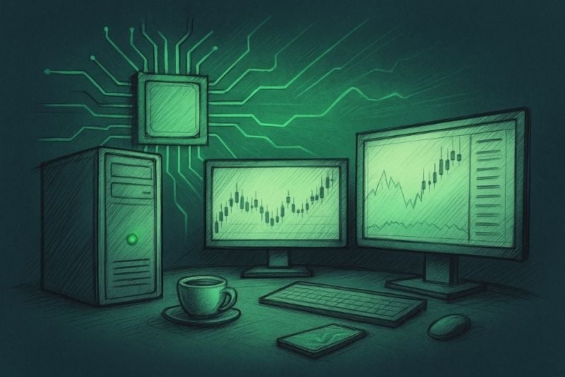 Home trading setup with dual monitors showing forex charts