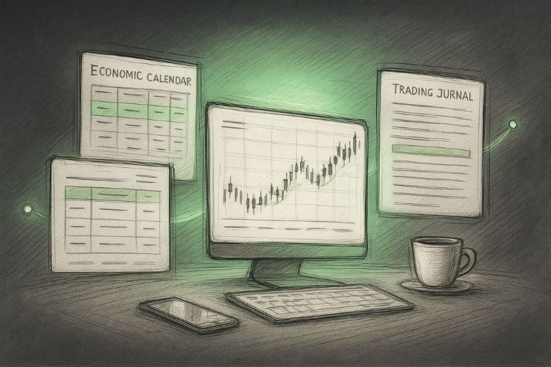 Home trading setup with charts, economic calendar, and trading journal on screen