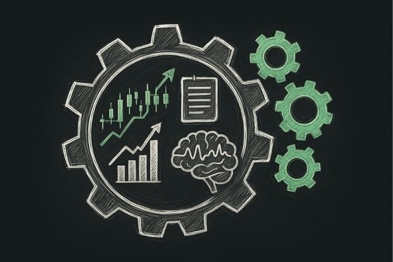 Illustration of gears, charts, and brain representing strategy, discipline, and mindset in forex trading psychology