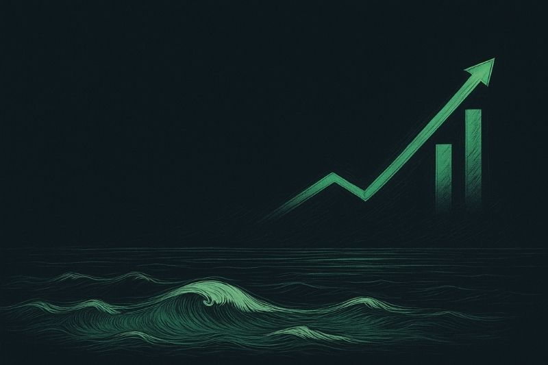 Waves and rising chart symbolising emotional balance and steady growth in forex trading psychology.