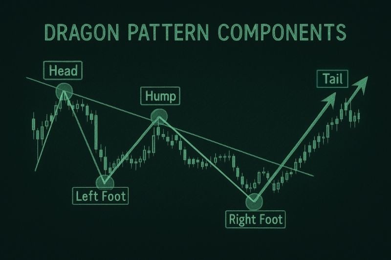 Chart showing dragon pattern trading components with head, hump, feet, and tail trend lines