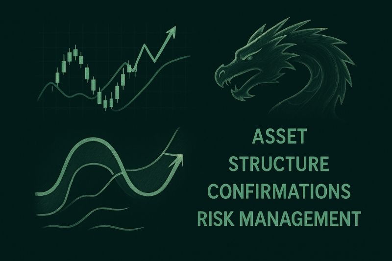 Dragon pattern trading concept showing market charts, dragon illustration, and key trading elements