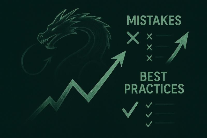 Dragon pattern trading graphic showing mistakes versus best practices with rising trend line