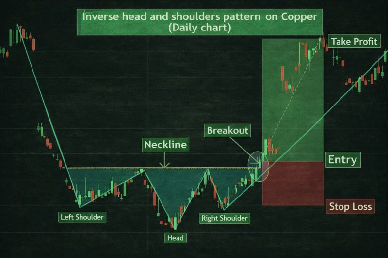 Inverse head and shoulders pattern on chart showing neckline breakout, entry, stop loss