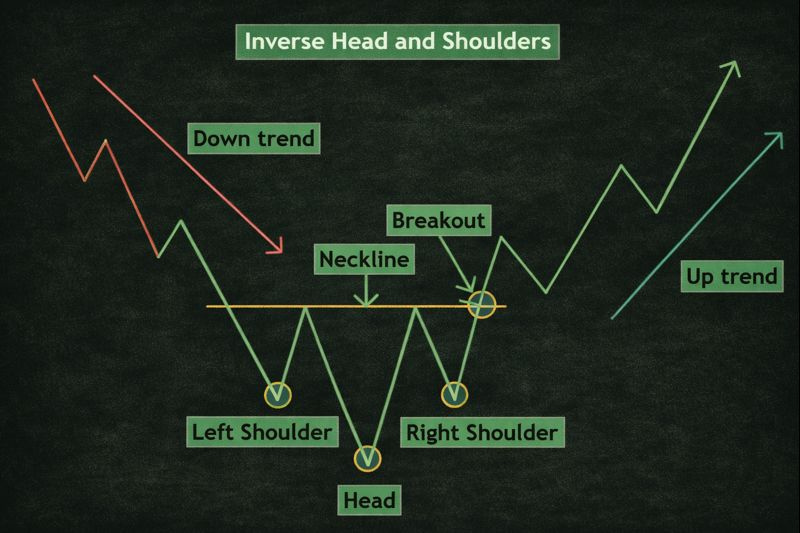 Inverse head and shoulders pattern showing downtrend reversal, neckline breakout, and emerging uptrend